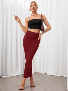 SHEIN Tall 纯色铅笔黑色修身半身裙 - 酒紅色 - 查看 6