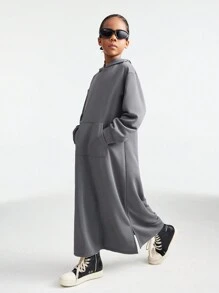 SHEIN Tween Girls Fall/Winter Basic Keep Warm Grey Over Size With Pockets Hoodies Sweatshirt - Dark Grey - View 8