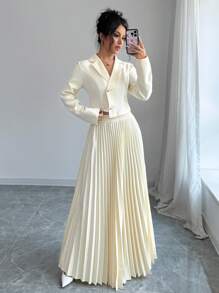 Selianne 女士纯色缺口领长袖西装外套和褶皱中裙优雅工作服套装，春/秋 - 黃色 - 查看 5