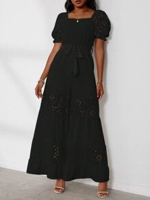 SHEIN LUNE Jumpsuit Wanita Musim Panas Polos Leher Persegi Lengan Pendek Mengembang Bordir Kaki Lebar Longgar Elegan - Hitam - View 1