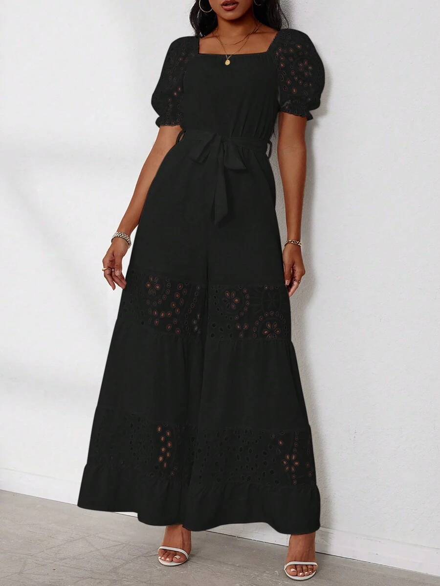 SHEIN LUNE Jumpsuit Wanita Musim Panas Polos Leher Persegi Lengan Pendek Mengembang Bordir Kaki Lebar Longgar Elegan - Hitam - View 1