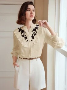 MOTF PREMIUM LINEN CONTRAST EMBROIDERY FLORAL SHIRRED FRILL MOCK NECK FLARE SLEEVE BLOUSE