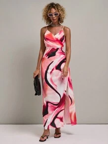 SHEIN Unity 女士时尚扎染高开叉细肩带连衣裙，夏季 - 彩色 - 查看 3