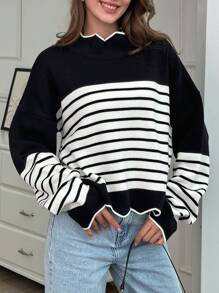 EURMUSE Women Stripe Pattern Mock Neck Drop Shoulder Pullover - Black - View 6