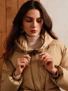 Anewsta Women's Elegant Solid Color Long Padded Coat, Fall/Winter - Khaki - View 7