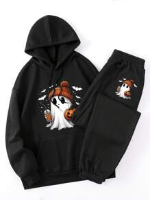 INAWLY 2pcs Halloween Ghost & Pumpkin Printed Hoodie And Long Sweatpants Set, Halloween Gift