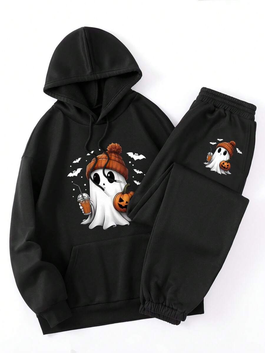 INAWLY 2pcs Halloween Ghost & Pumpkin Printed Hoodie And Long Sweatpants Set, Halloween Gift