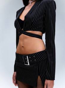 Pinstripe Belted Split Hem Micro Mini Skirt - Black - View 6