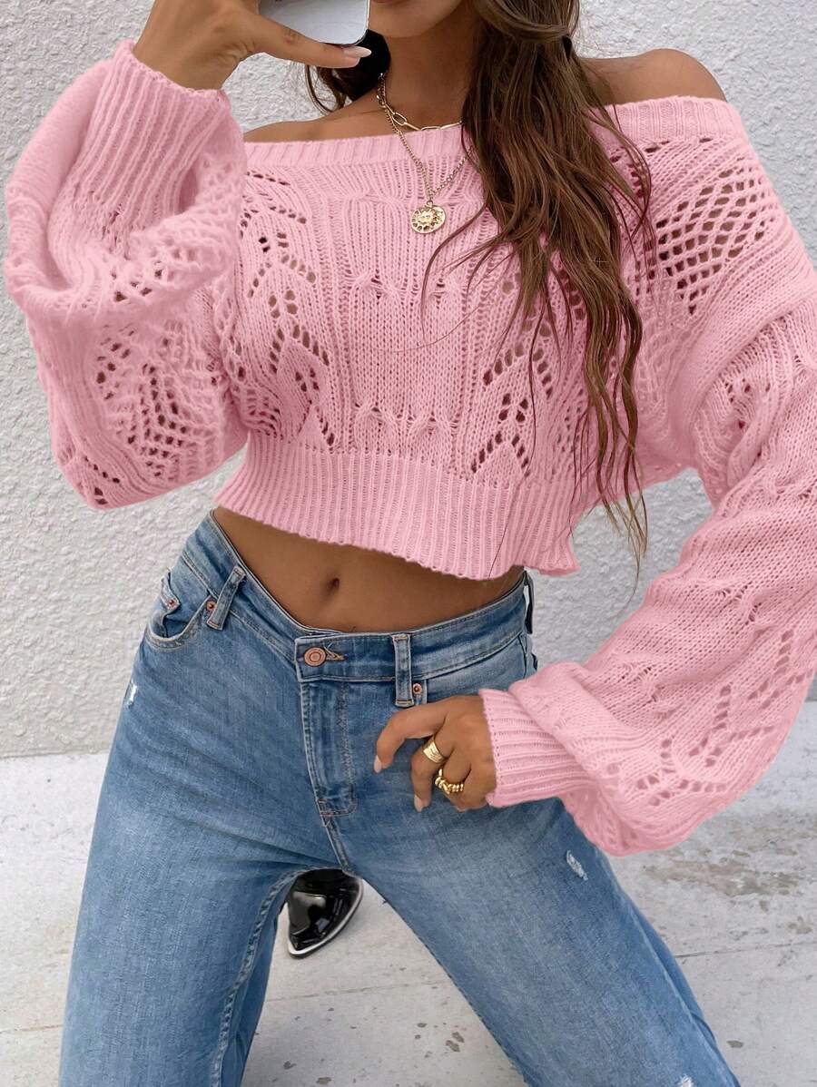 SHEIN PariChic Sweater Rajut Longgar Berongga Tanpa Lengan Warna Polos untuk Wanita, Musim Gugur & Musim Dingin, Atasan Lengan Panjang, Musim Gugur - Baby Pink - View 1