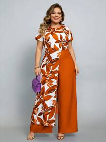 SHEIN Lady Plus Size Floral Printed Short Sleeve Jumpsuit, For Summer - Orange - View 6