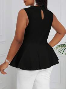 SHEIN Lady Plus Size White Lace Contrast Sleeveless Ruffle Hem Slim Elegant Blouse For Ladies - Black - View 2