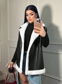 SHEIN SXY Autumn/Winter Warm Padded PU Leather & Fluffy Vest - Black and White - View 7