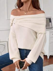 Chiquease Women's Solid Color Minimalist Daily Off-Shoulder Long Sleeve Sweater, Knit Pullover Fall Winter - Apricot - View 4