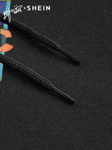 Mulvari 女式卡通人物印花抽绳连帽长袖休闲阿拉伯朴素连衣裙、超长款运动衫连衣裙，秋冬 - 黑色 - 查看 9