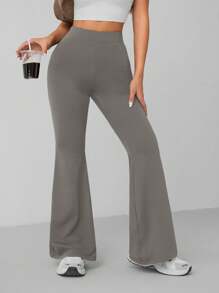 SHEIN PETITE Pantalones informales de cintura alta y acampanados de unicolor para mujer - Gris - Ver 5