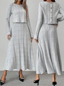 Chiquease 2pcs Women's Solid Color Crew Neck Long Sleeve Top And Skirt Set - Grey - View 3