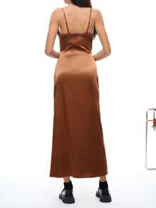 SHEIN EZwear Women's Summer Solid Color Frill Trim Maxi Slip Dress - Khaki - View 2