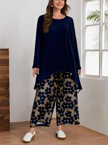 EMERY ROSE 大码女式优雅休闲花卉印花宽松长袖上衣和裤子两件套，秋冬