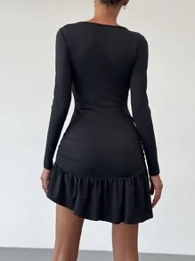 Aloruh Women's Metal Decor Ruched Ruffle Hem Elegant Modern Mini Long Sleeve Dress - Black - View 6