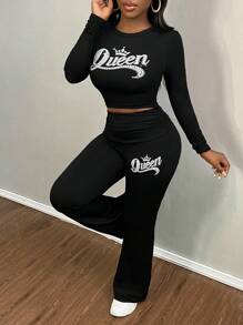 Slaydiva Plus Size Autumn And Winter New Casual Women's Round Neck Long-Sleeved Truncated T-Shirt Cuffed Flared Trousers Black Slim Fit Suit QUEEN English Letters Printed Imitation Diamond Printed