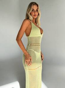 Aloruh Women's Vacation Beach Cover Up Dress, Summer Knitting Geometric Spaghetti Strap Deep V High Slit Hollow Out Super Long Green Dress - Green - View 5