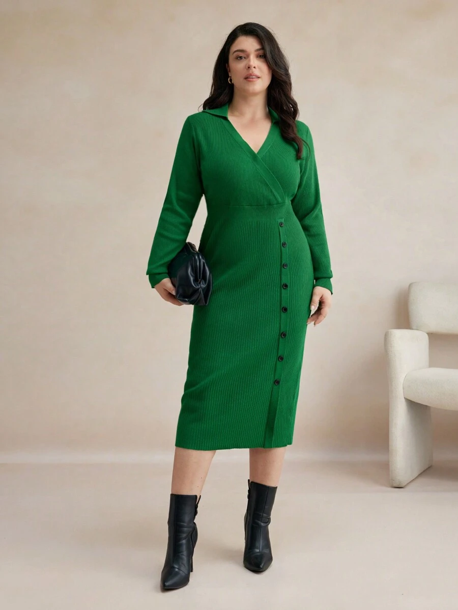 BizChic Váy len dài tay đơn giản màu trơn cỡ lớn, trang phục mùa thu cho nữ, trang phục mùa đông cho nữ, váy dài tay - màu xanh lá - Xem 1