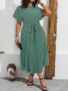 SHEIN Clasi 大码女式波西米亚风几何印花圆领蝙蝠袖休闲连衣裙女装，适合夏季 - 綠色 - 查看 5