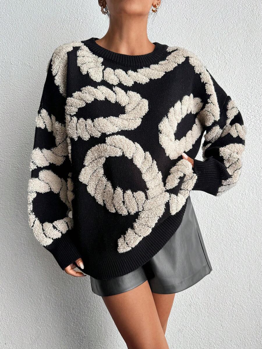 EURMUSE Women Towel Pattern Round Neck Drop Shoulder Pullover - Multicolor - View 1