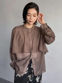 FRIFUL Camisa informal de un solo color marrón 2 en 1 para mujer, primavera y otoño - Marrón - Ver 2