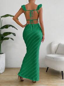 Chiquease Women's Vacation Solid Color Patchwork Ruffle Hem Long Fitted Elegant Dress - Green - View 2