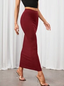 SHEIN Tall 纯色铅笔黑色修身半身裙 - 酒紅色 - 查看 1