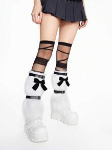 ROMWE Anime 1 Set Includes: 1 Pair White Bow Furry Leg Warmers + 1 Pair Over-The-Knee Socks + 2 Pairs Leg Rings, Y2K Punk Style Accessories For Women - Black and White - View 3