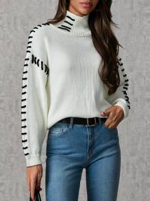 SHEIN Tall Casual Contrast Color Drawstring Stand Collar Sweater, Autumn Winter