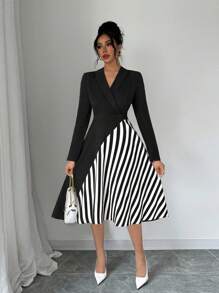 SHEIN Clasi Women's Elegant Long Sleeve Striped Printed Dress - Black - View 6