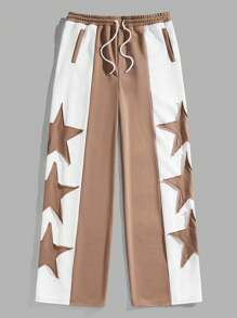 Manfinity VCAY بنطلون رياضي واسع فضفاض بساق طويلة للرجال مع نجمة خماسية الأضلاع على الجانبين - بني - مشاهدة 1