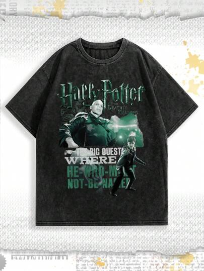 Harry Potter | ROMWE Women's Oversized Short Sleeve T-Shirt With Vintage Human Figure & Snowflake Print, Summer