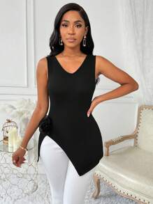 Zolique Tank Top Wanita Tanpa Lengan Leher V Warna Polos dengan Hem Asimetris - Hitam - View 3