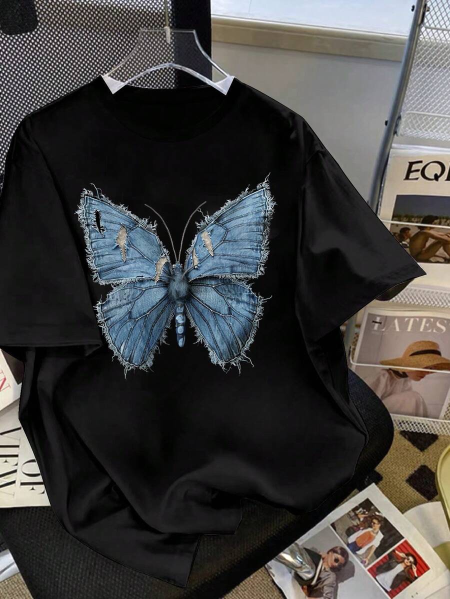 Teen Girl Summer Butterfly Print Round Neck Short Sleeve Casual T-Shirt - Black - View 1