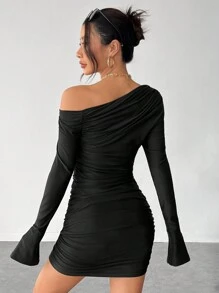 SHEIN PETITE Women's Off Shoulder Long Sleeves Ruched Bodycon Mini Dress With Tight-Fitting Hip Design - Black - View 2