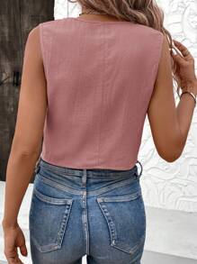SHEIN LUNE Blusa tipo chaleco con diseño de botones delanteros y cuello en V de unicolor para dama de oficina - Rosa vieja - Ver 4