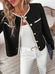 SHEIN LUNE Premium Two-Tone Trim Knitted Short Jacket, Autumn Winter 2024 New Release - Black and White - View 1