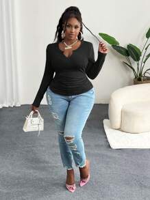 Slaydiva Áo len dệt kim gân cổ chữ V tay raglan cỡ lớn cho mùa xuân/thu, màu hồng - màu đen - Xem 6