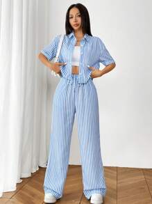 SHEIN Unity Sommar Casual Randig Kortärmad Skjorta Och Byxor Set