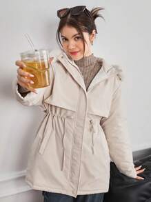 Girl & Teen Girls Casual Cinched Waist Mid-Length A-Line Padded Coat With Fur Collar For Daily Wear, Suitable For Winter