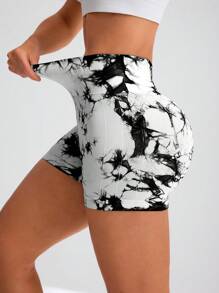 Easithlete 女士扎染收腰运动短裤，日常休闲女式运动短裤、健身短裤、骑行短裤