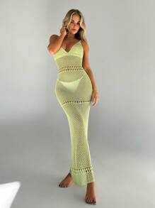 Aloruh Women's Vacation Beach Cover Up Dress, Summer Knitting Geometric Spaghetti Strap Deep V High Slit Hollow Out Super Long Green Dress - Green - View 3