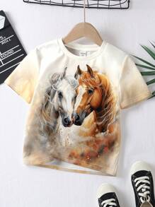 SHEIN Baby Jungen Lässig minimalistisch stilvoller Pferde-Muster Rundhals Loose Kurzarm T-Shirt, geeignet für den Sommer