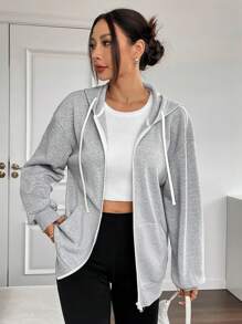 SHEIN EZwear Women's Thermal Lined Gray Hooded Zip-Up Sweatshirt For Autumn/Winter