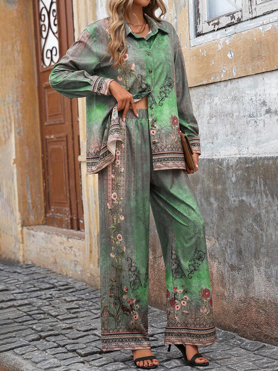 SHEIN LUNE 2 件套复古花卉印花女式上衣和裤子套装，休闲中式风格服装 - 薄荷綠 - 查看 1