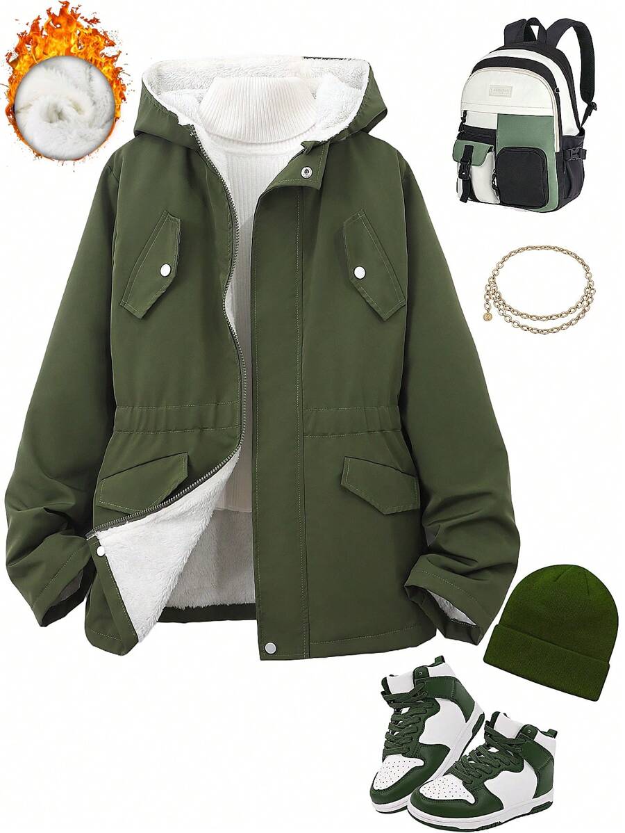 Thick Plush Hooded Jacket For Teenagers - Army Green - View 1